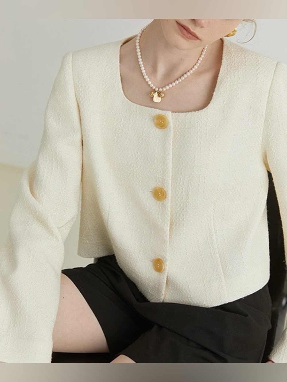 Fano Studios Square collar Cream Tweed Button-Front Cropped Shirt Jacket